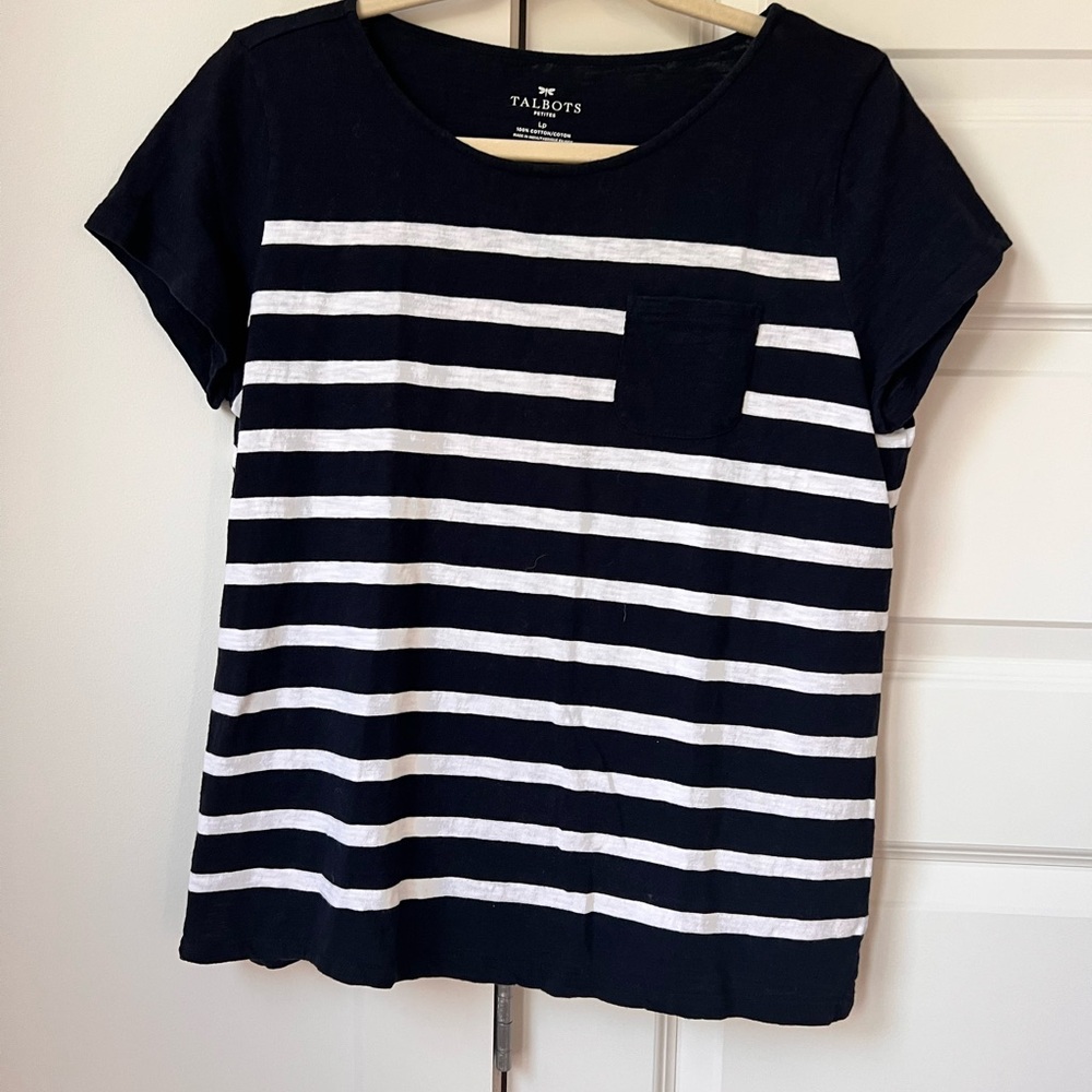 Talbots Navy Stripe Tee with Pocket (Size LP)